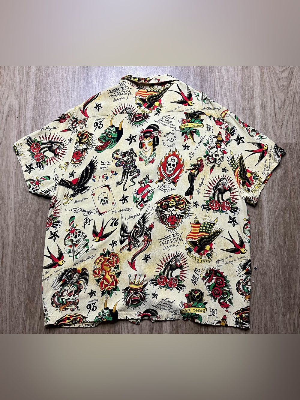 Ed Hardy Mens Tattoo Print Short Sleeve Button Up Shirt Sz XL